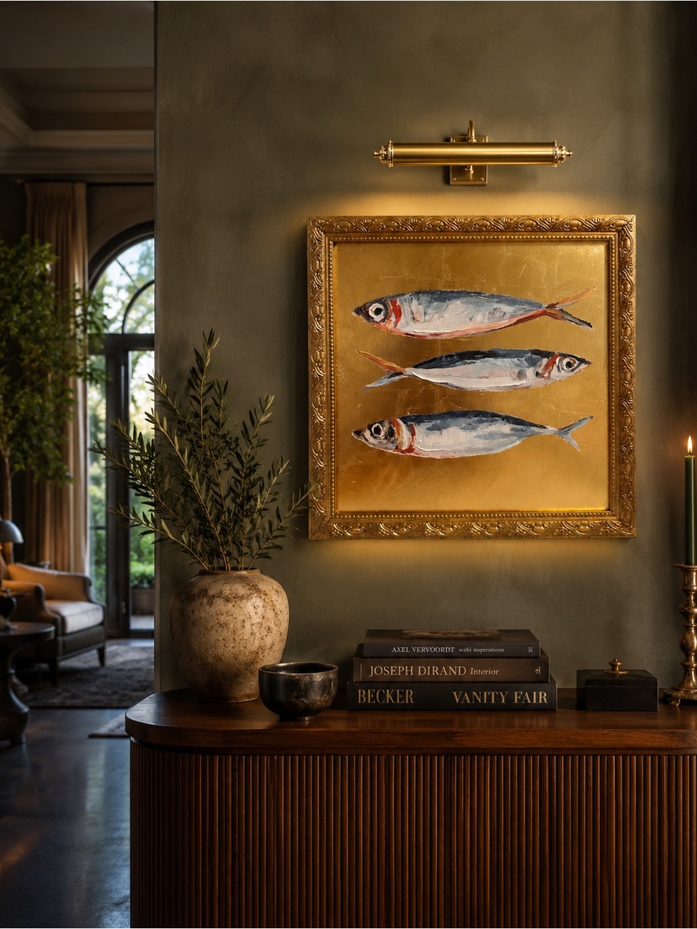 Sardines trio”impasto painting on gold leaf background 14x14” gold ornate frame